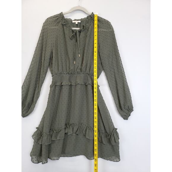Skies Are Blue Short Dress Tired Ruffled Peasant Sleeve Smocked Women XS Olive‎ - Picture 4 of 12